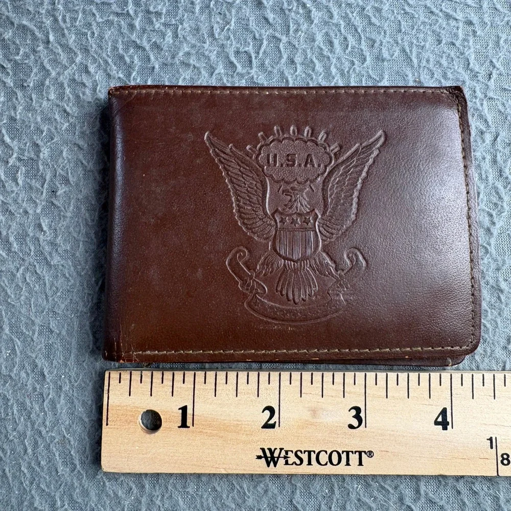 Vintage Rolfs Brown Leather Bifold Wallet USA Eagle Crest Embossed Coin Pouch